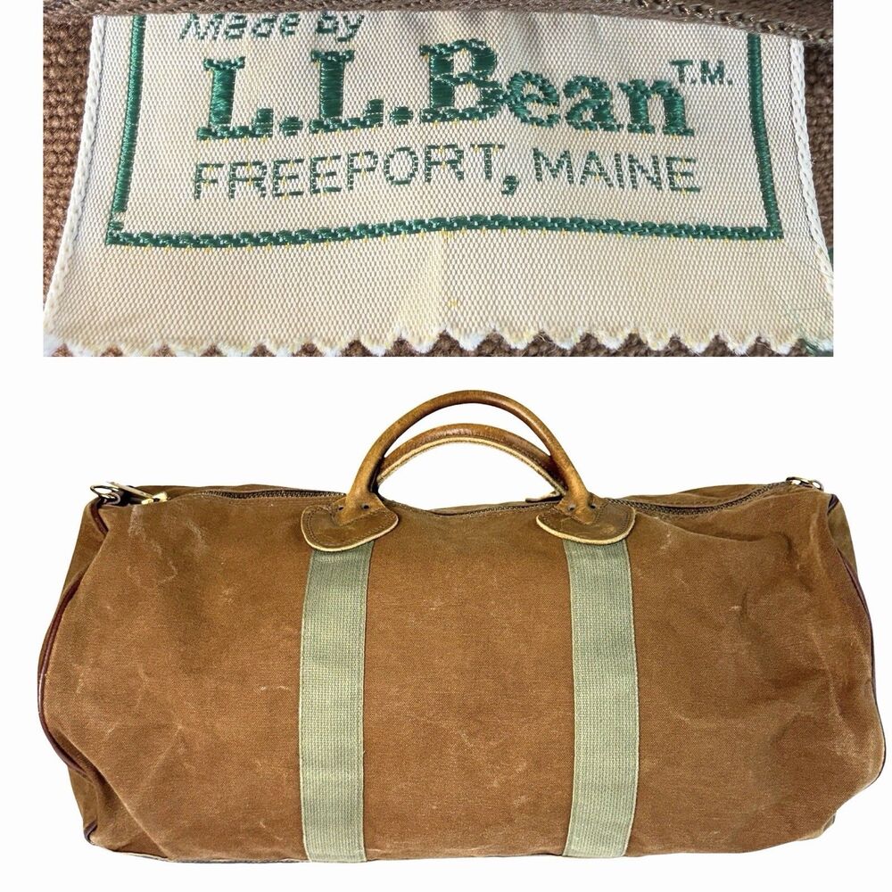 Vintage LL Bean Duffle Bag Brown Olive Green Canvas Leather Talon Zip USA Made